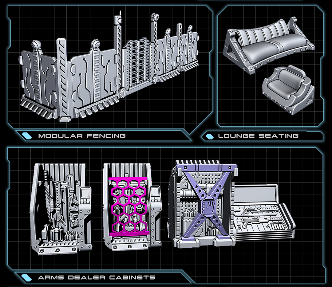 EC3D Terrain Modular Fence, Lounge Seating, Arms Dealer Cabinets